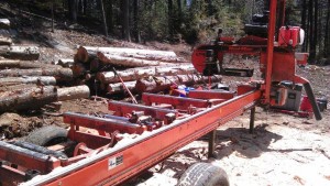Milling equipment on the lower Khandroling building site with logs cleared from the land waiting to be milled into boards and beams for construction.