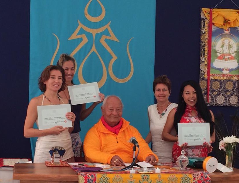 New Vajra Dance Teachers authorized by Chögyal Namkhai Norbu at Dzamling Gar on April 28, 2015 Left to right: Anna Apraksina, Rosemary Friend and Thuy Nguyen together with Rinpoche and Adriana Dal Borgo