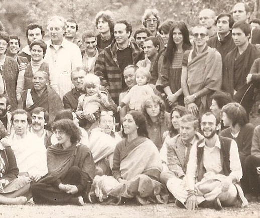 Paola with Lama Yeshe, Geshe Ciampa Ghiatso, Massimo Corono, Carol Chaney, Cristiano Zeppegno and others at Lama Tzong Khapa Institute in Pomaia, Italy, 1981