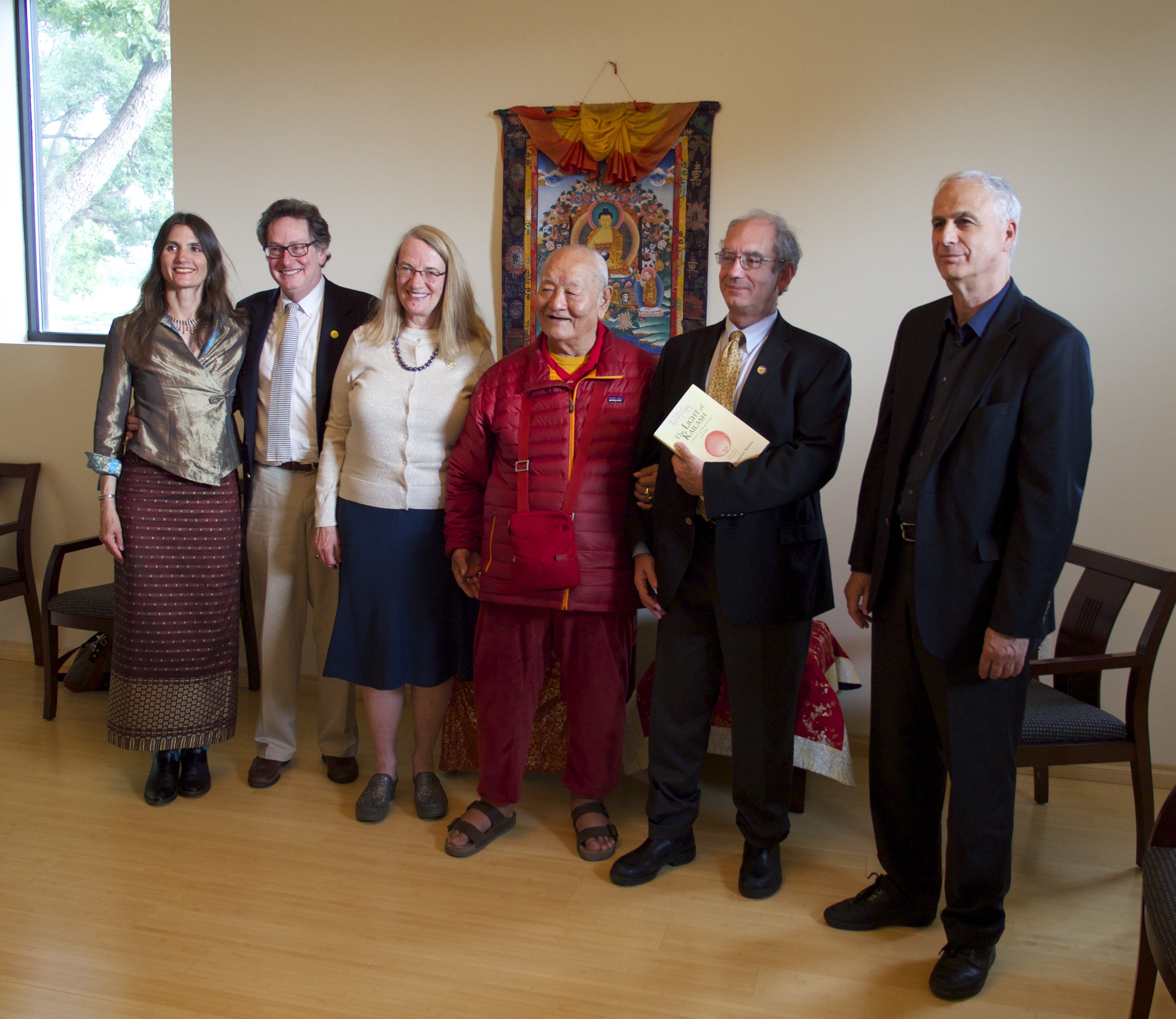 Rinpoche with Naropa officials at a pre public talk tea, from left to right: Charlotte Rotterdam, John Weber, Judith Simmer-Brown, Chuck Lief, President of Naropa University and Tom Hast.