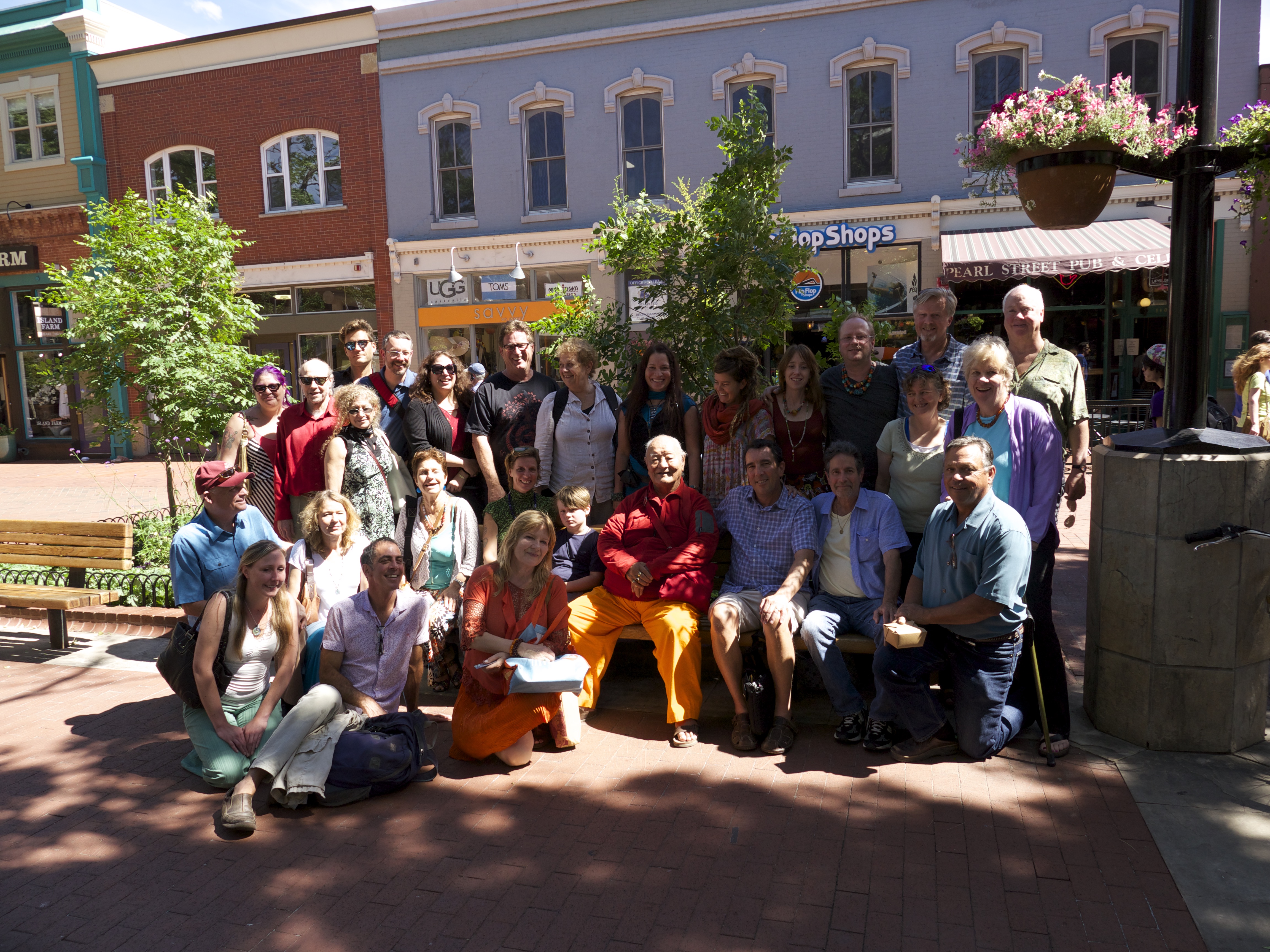 Group of participants and Chögyal Namkhai Norbu on Pearl St in downtown Boulder after the Japanese lunch