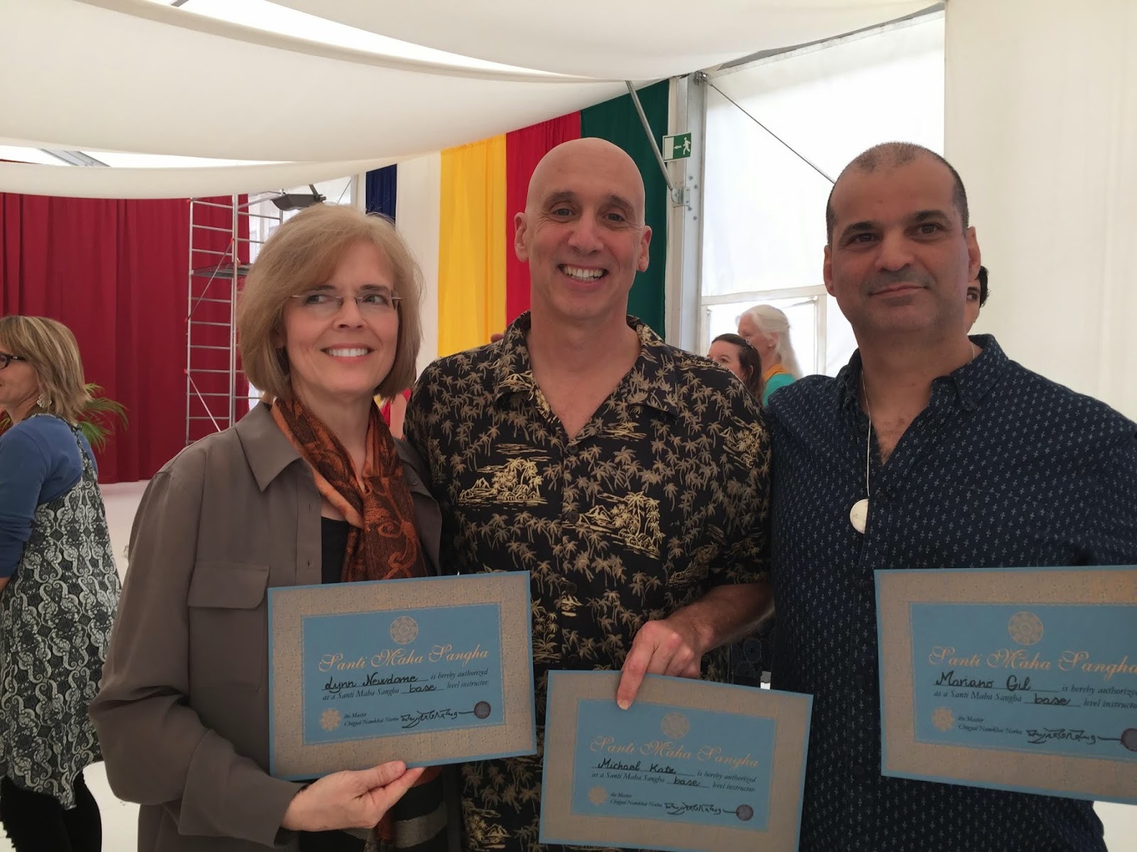 Mariano (right) with Lynn Newdome (left) and Michael Katz (center) after receiving their Santi Maha Sangha Instructor Diplomas in Dzamling Gar, Tenerife, Spain