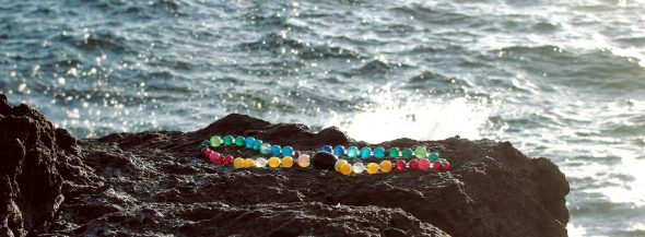 evolution creations necklace on a rock by the sea