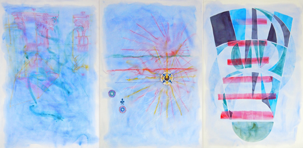 “Les bleuités du cimetière marin” 2016, (triptych) watercolor; pencil on paper, 66" x 148" (167 x 345 cm).